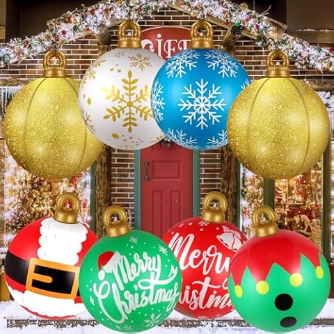 8 Pcs Inflatable Ornaments Balls Outdoor, 24 Inch Large Inflatable Christmas Ornaments, Reusable Blow up Christmas Ornaments, Big Shiny Balls Inflatable Ornaments Decorations for Yard | Tree | Indoor Cover