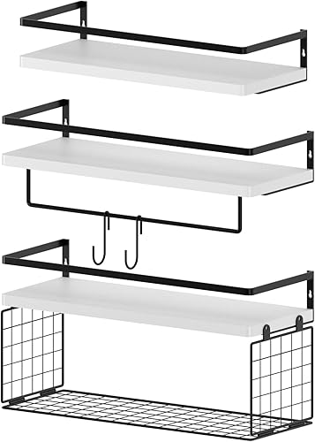 Estantes flotantes blancos para baño con cesta de almacenamiento de papel higiénico, toallero y ganchos en S, organizadores y almacenamiento de