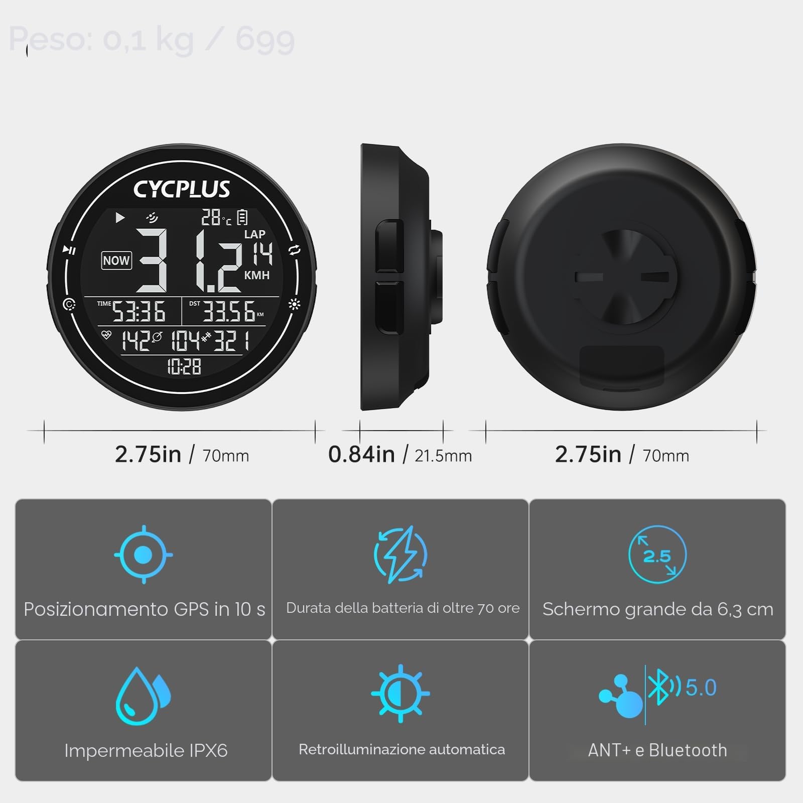 CYCPLUS Computer da bicicletta GPS Tachimetro Senza Fili IPX6 ANT+ Bluetooth 5.0