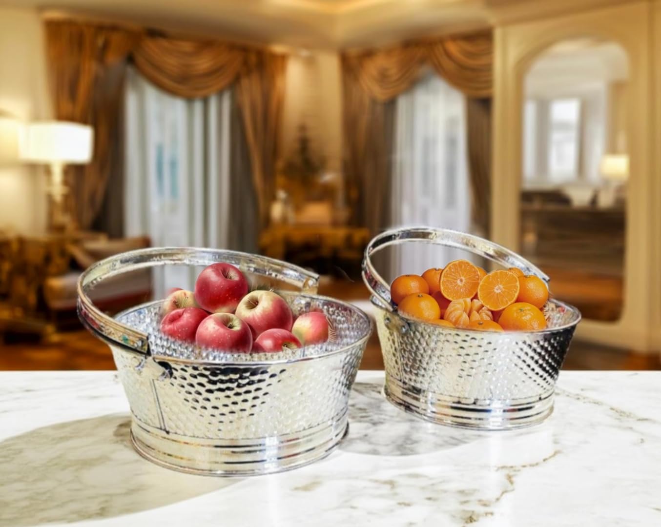 SHREE HARI HOME DECOR stainless steel Dolchi Pooja Basket with Handle Flower Pooja Basket Decorative Tokri For PoojaGift Dining Table Home Decoration (Pooja Tokri) | Dolchi for fruits Set Of-2-image-46