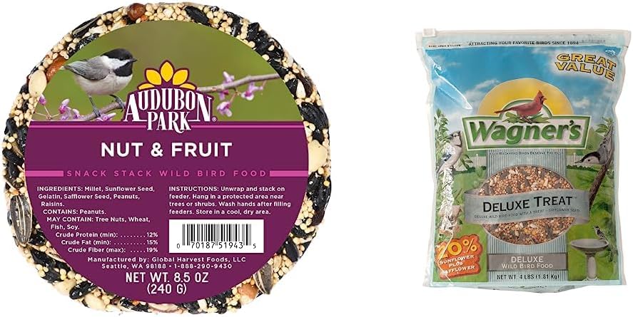 Audubon Park Nut & Fruit Snack Stack Wild Bird Food, Bird Seed Cake for Outside Feeders, 6-Pack & Wagner's 62067 Deluxe Treat Blend Wild Bird Food, 4 Pound (Pack of 1)