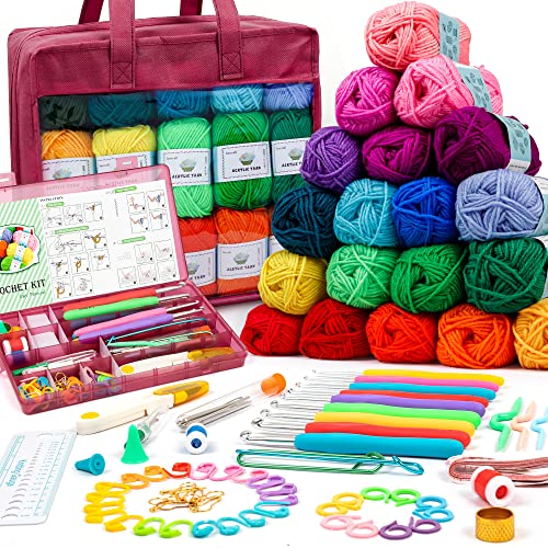 INSCRAFT Crochet Yarn Kit for Beginners Adults and Kids, Includes 1650 Yards 30 Colors Acrylic Skeins, User Manual, Hooks, Wine Bag etc, Make Amigurumi & Projects, Starter Set Professionals