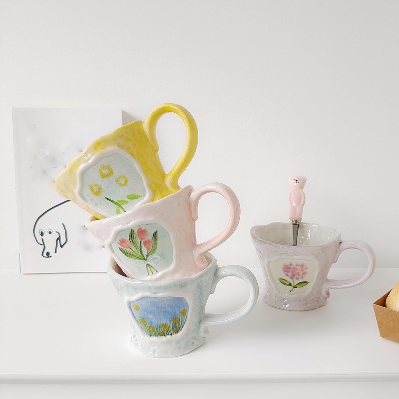FfiMe Tazza da latte goffrata dipinta a mano, in ceramica, per caffè, tè, caffè, bicchieri, per donne, ragazze, amiche, matrimoni e feste, regali per signore (rosa, 4 pezzi)