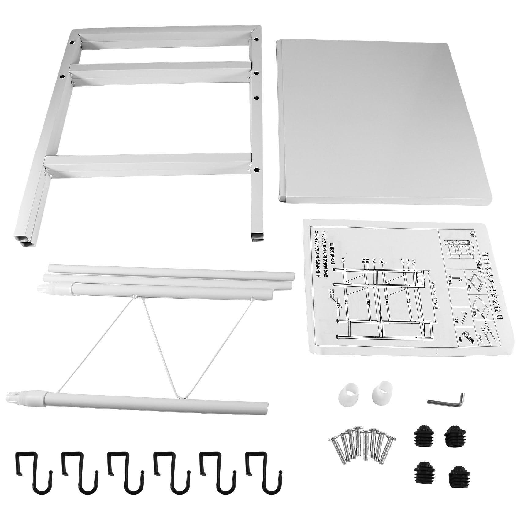 UDSKNV[KSL Kitchen Shelf, Spices Rack& Microwave Shelf-3-Tier Extendable Worktop Shelves with 6 Hooks White