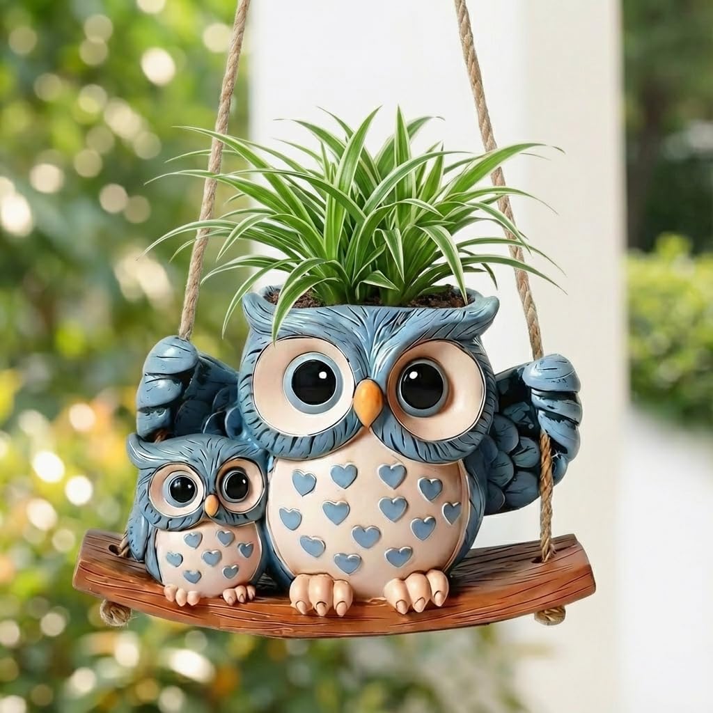 Swing Owl Hanging Planters for Indoor Plants, No-Drill Cute Resin Succulent Pots with Drainage Hole & Plug, Hanging Plant Holder for String of Pearls, Unique Gardening Gifts for Mom & Women