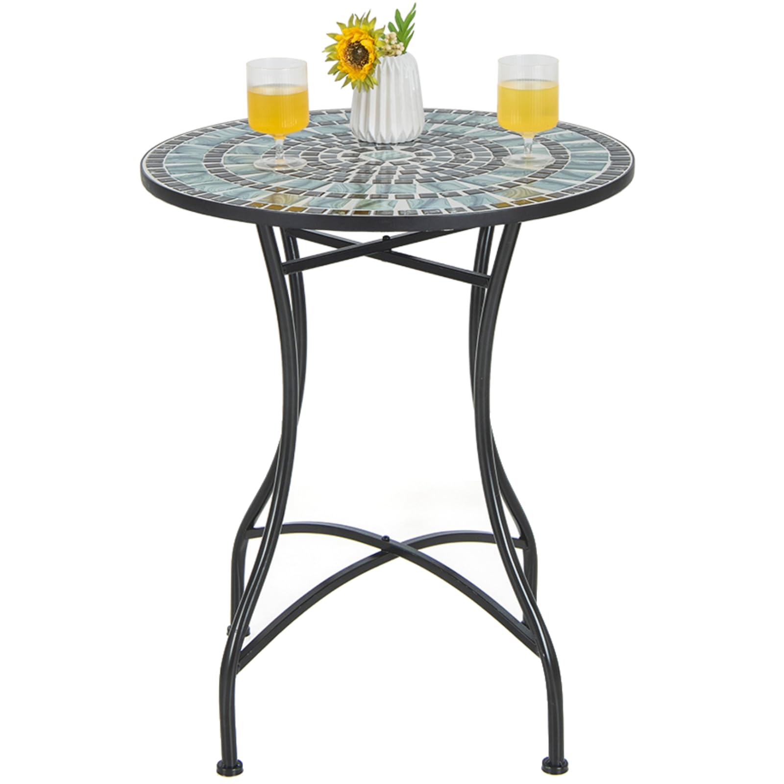 TANGZON Mosaic Garden Table, Heavy Duty X-Shaped Metal Frame Round Outdoor Table, Bistro Patio End Side Tables for Home Balcony Backyard Terrace (Black + Blue)