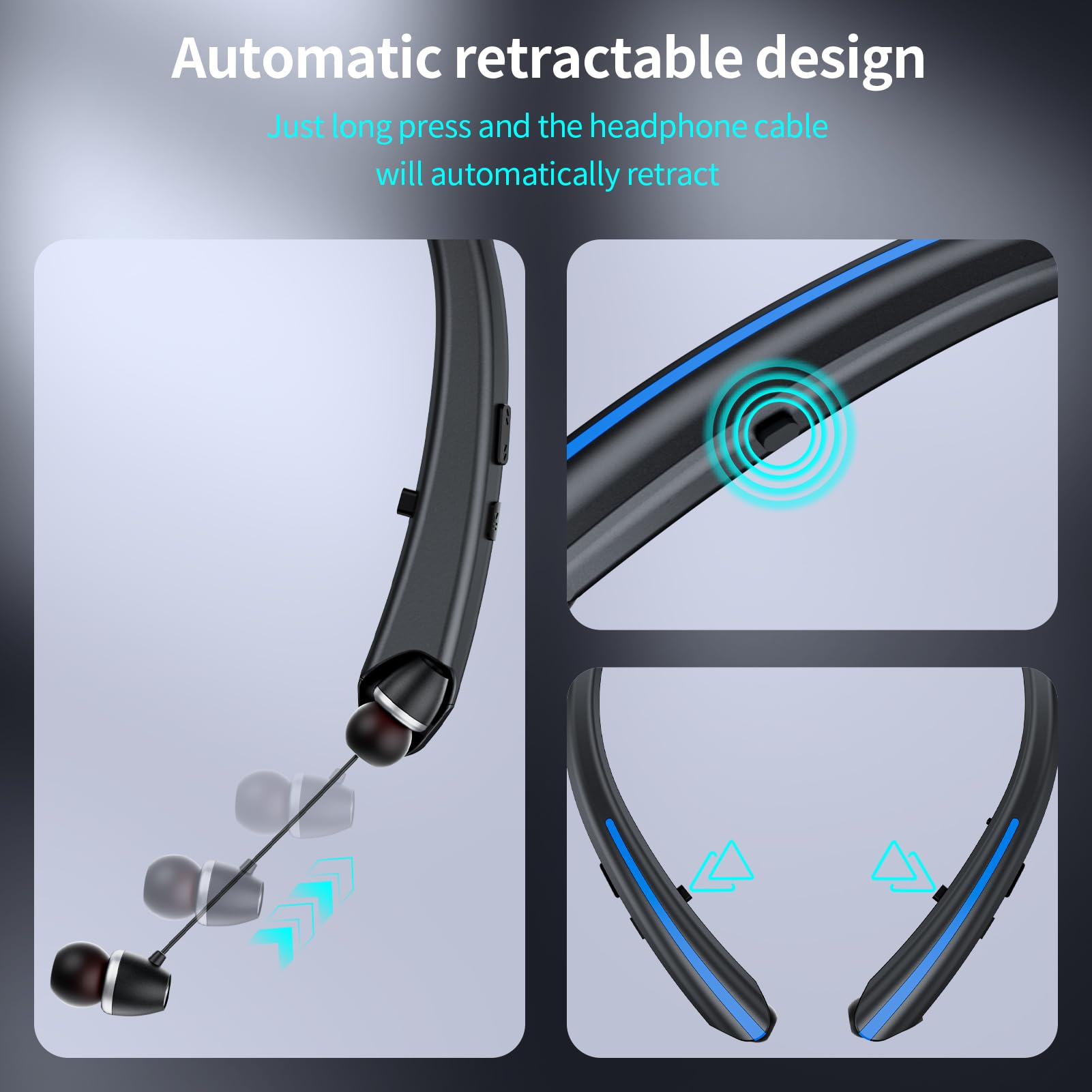Cuffie Bluetooth retrattili con archetto da collo, cuffie wireless con 22 ore di riproduzione, sport resistenti al sudore, connessione a doppio dispositivo, auricolari con cancellazione del