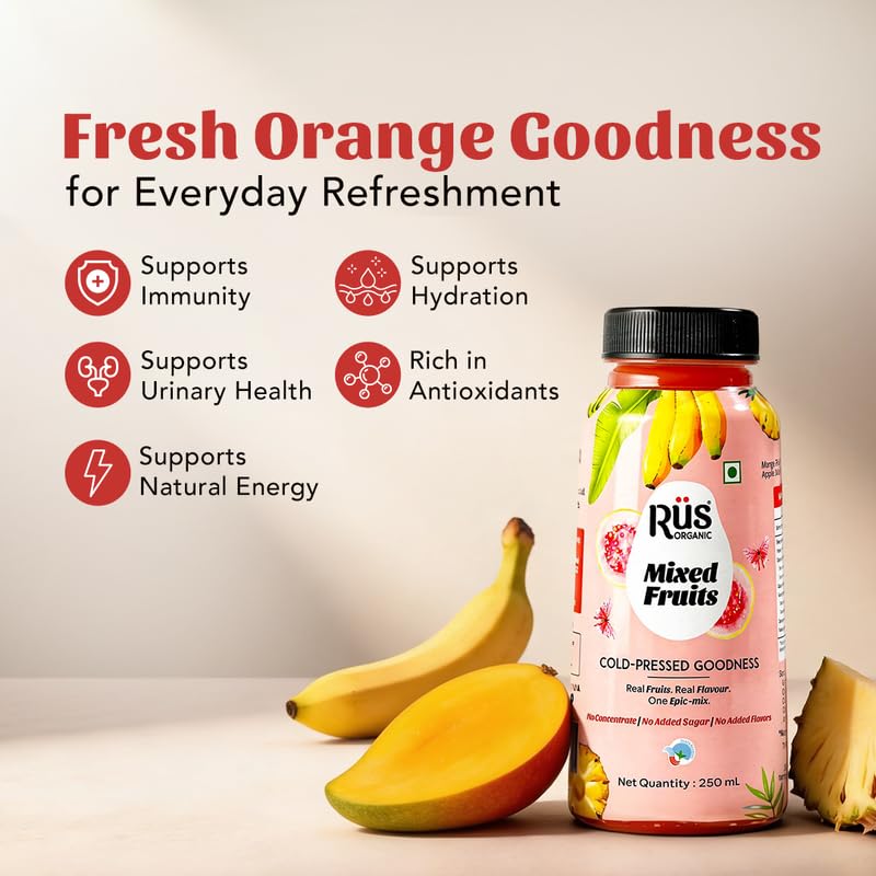 Image of Rus Organic Mixed Fruit Juice | Cold Pressed Organic Drinks | Pack of 8 (250ml Each) | No Added Sugar, Preservative-Free | Multi-Fruit Blend for Daily Vitality
