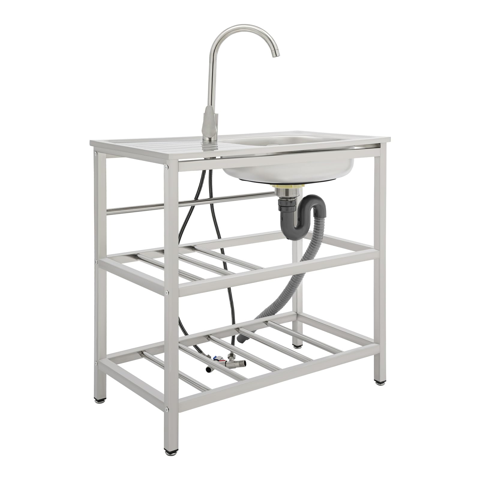 DIFU Edelstahl Spültisch 75x40x78cm Freistehende Spüle mit Unterschrank, Garten Camping Outdoor Spüle Freistehende Küchenspüle Commercial Mobile Multifunktionswaschtisch mit Plattform & Armatur