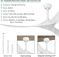 Vista 6 de Ventilador de techo blanco con ventiladores de techo remotos para exteriores, ventilador de techo moderno sin luz, negro mate, 60 pulgadas