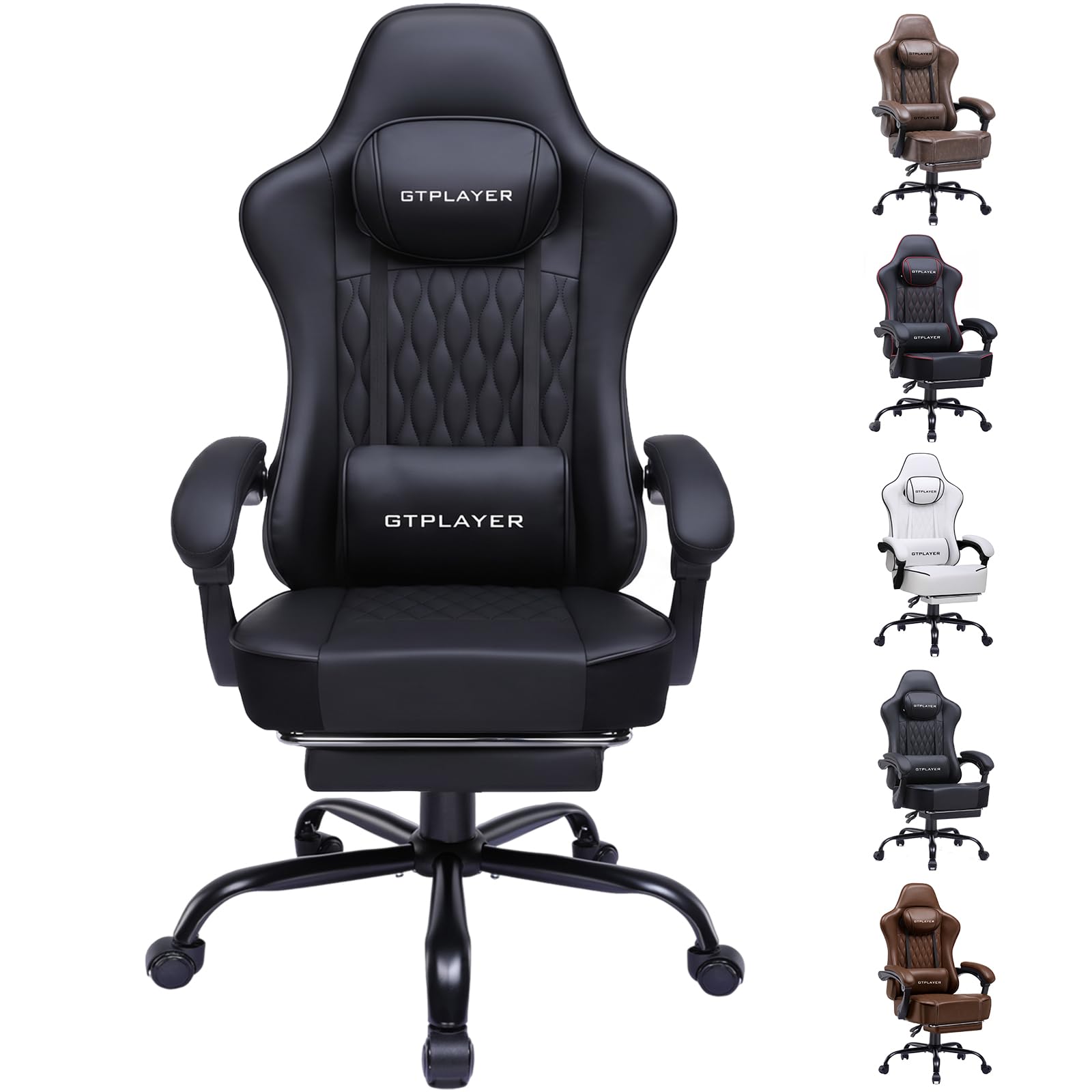 GTPLAYER Gaming Stuhl, Bürostuhl, Ergonomischer PC Stuhl, Höhenverstellbarer Drehstuhl,Armlehnen mit Synchronmechanik, Lendenkissen, Kopfkissen, bis 150 kg Belastbarkeit, Kunstleder