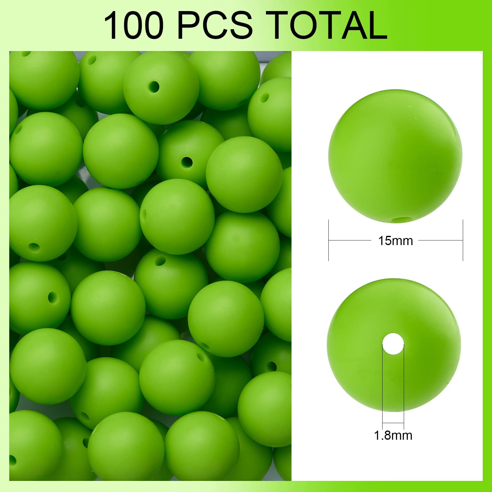 BEEFLYING 100 Pieces Silicone Beads 15mm Round Rubber Focal Bead Loose Spacer Beads for Keychain Making Pen Bracelet Necklace Jewelry DIY Craft (Yellow Green) - Image 2