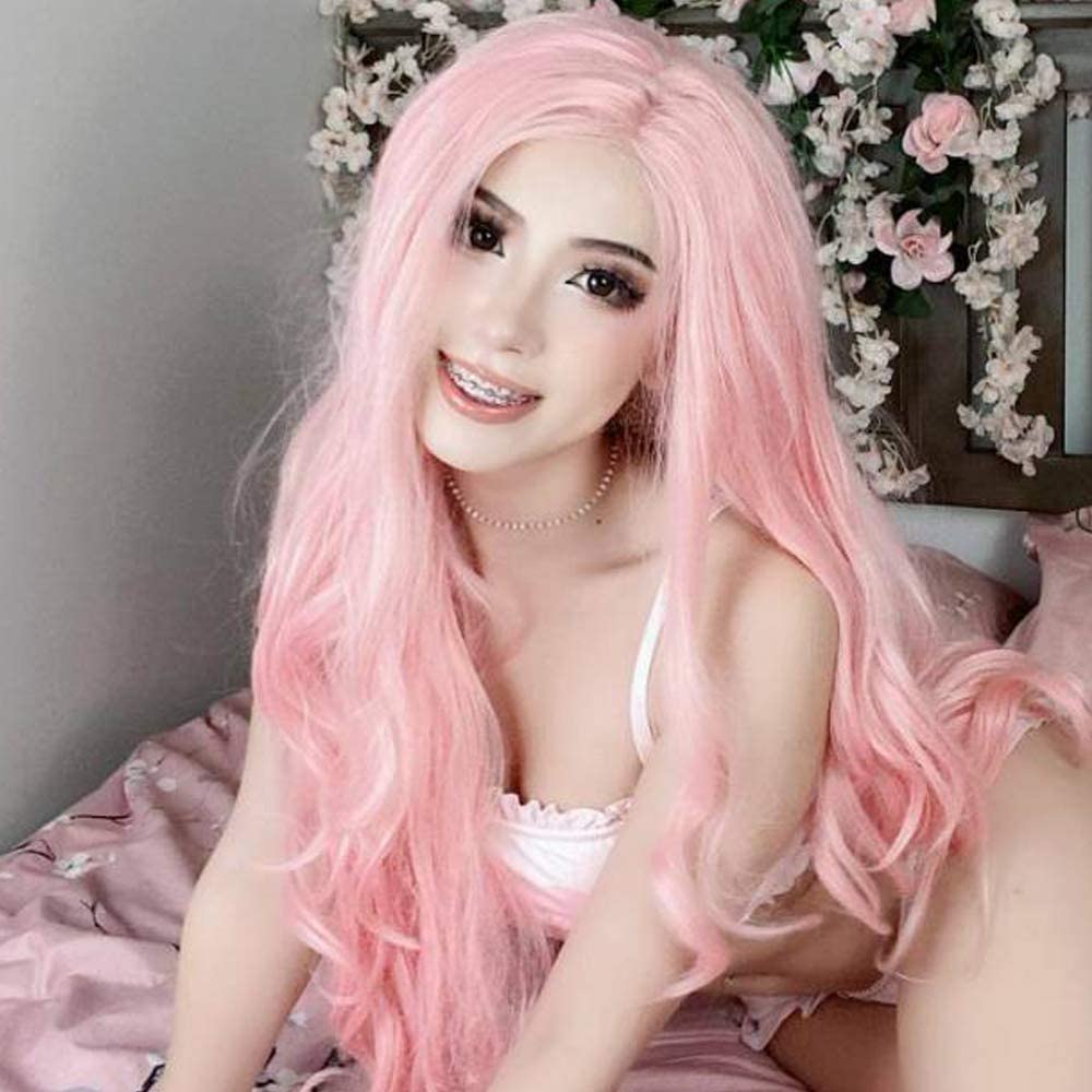 Pink Wig Lace Front Wigs for Women Long Curly Wavy Pastel Peach Pink Real Hair Wigs Coloured Glueless Synthetic Lace Front Wig Pre Plucked Hairline Heat Resistant Cosplay Drag Queen 24Inch - Image 3