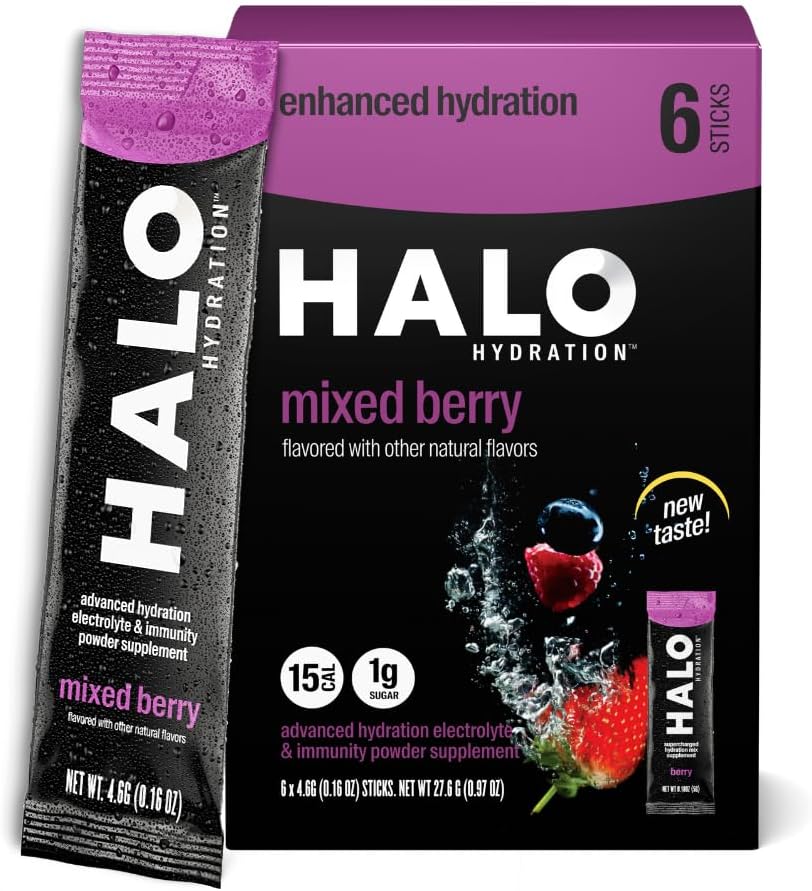 HALO Hydration - Electrolyte Drink Mix | Hydration Powder Packets | Berry Flavor – For Sports and Cycling | Easy Open Single Serving Stick | 6 Sticks