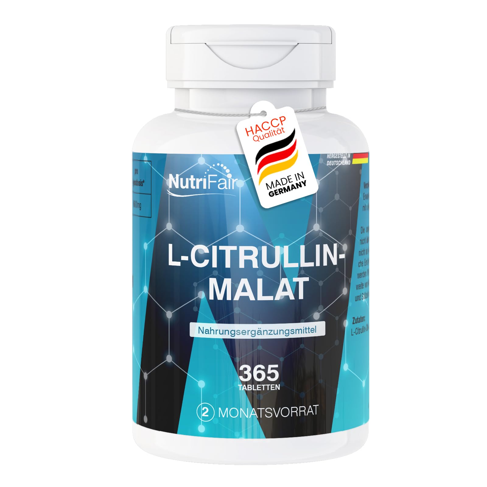 L-citrullina malato, 365 compresse, 6600mg per dose giornaliera, 100% L-citrullina DL-malato senza additivi, Altamente dosato, 100% Vegano, produzione tedesca e test di laboratorio,