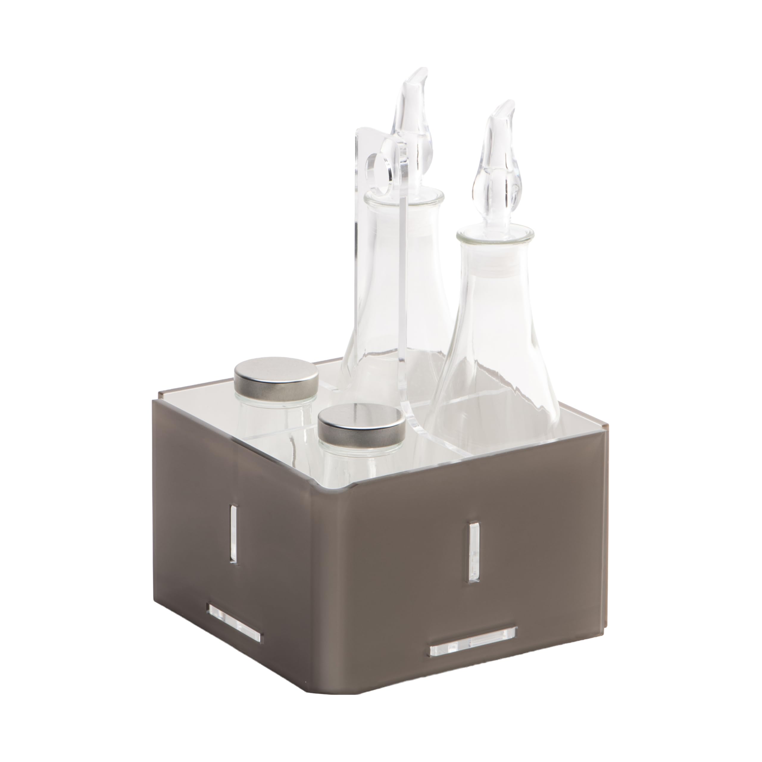 LINEE Recanati Menage Menage Menage Gewürzdosen-Set für Öl, Essig, Salz und Pfeffer, aus PMMA und Glas, 17 x 17 x 23 cm, dekoratives Design für den Tisch, hergestellt in Italien (Transparent/Weiß)