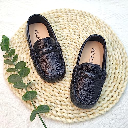 Uineky Toddler Boys Girls Leather Loafers Dress Shoes Little Kid Oxford Flats Casual Moccasins Slip-On School Uniform Walking Boat Shoes,5 Toddler,A1 Black thumb #2