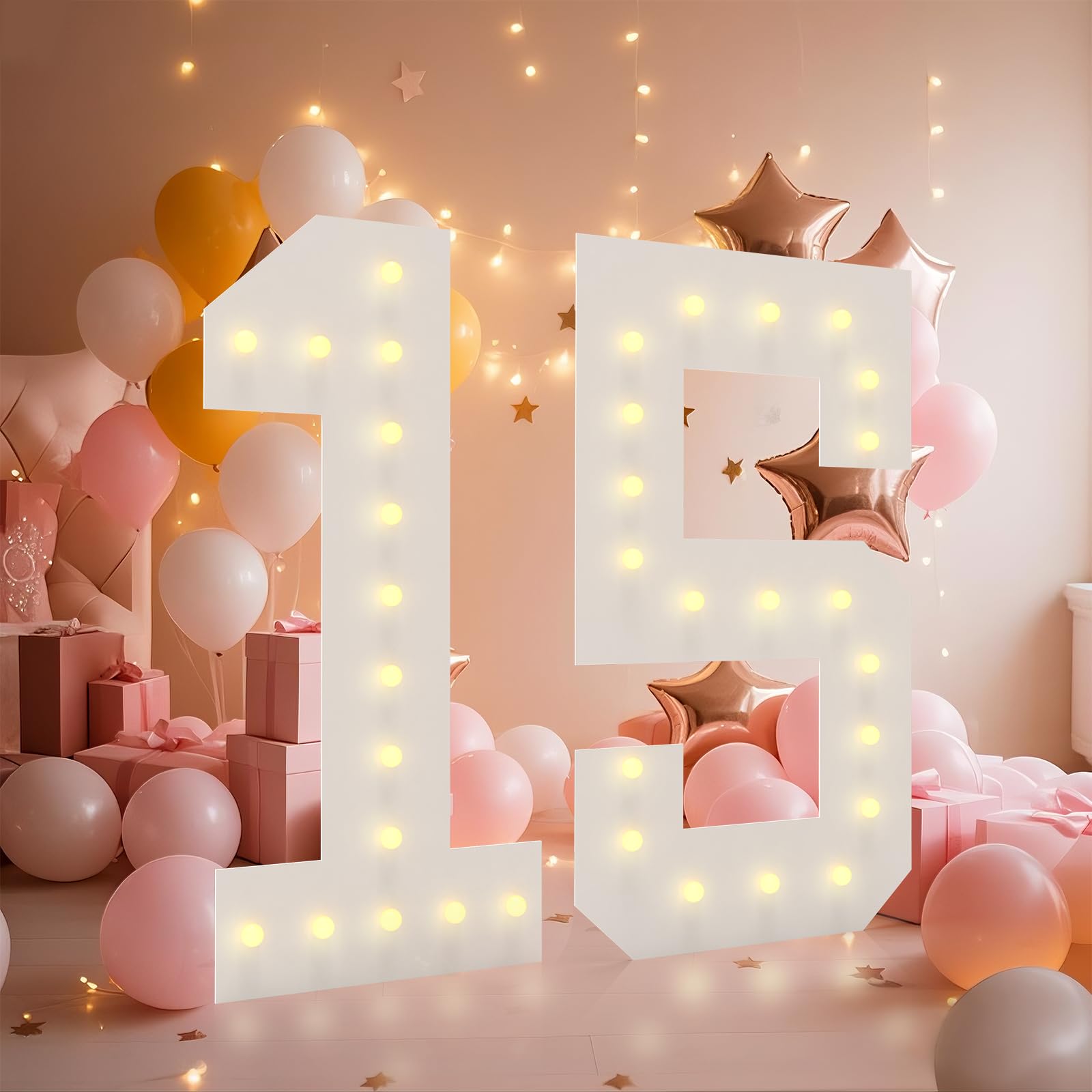 LOBOOM 4FT Light Up Numbers, Marquee Numbers 4 Feet Tall Giant Number 15 Mosaic Big Number Sign for 15th Birthday Party Backdrop Anniversary Decorations, Pre-Cut Large Frame โ image 1