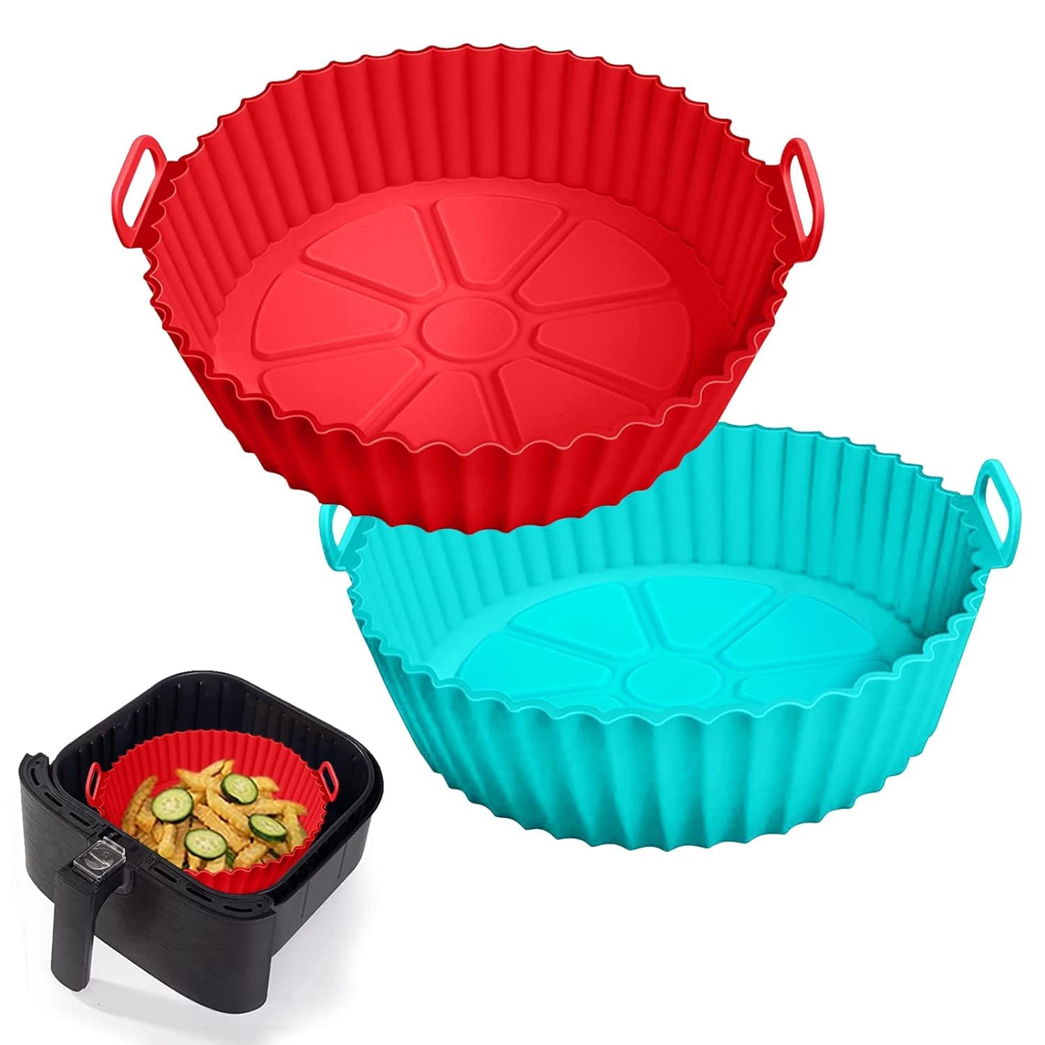 Air Fryer Liners I Round Silicone Basket Baking Tray I Pot with Ear Handles I Nonstick Reusable Heat Resistant I Cooking Oven Insert Accessories - Multicolor (8 inch, Pack of 2) (B0DFMMHD1T) Amazon Price History, Amazon Price Tracker