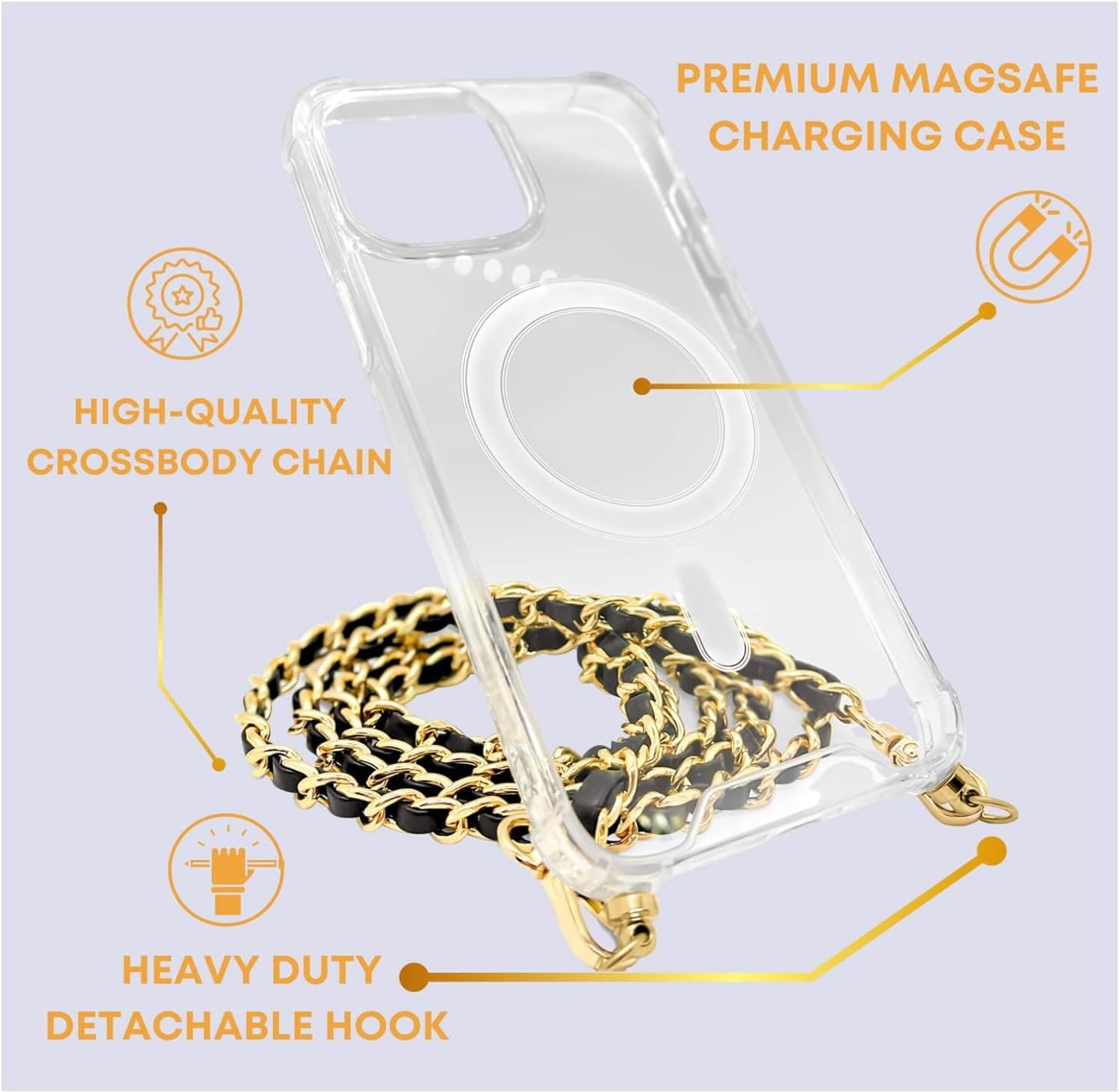 Aporia - Compatible with MagSafe Clear Case with Hooks and Crossbody Shoulder Strap Chain | Wireless Charging + Luxury Design | 120cm 47.25 inches (iPhone 17 Pro Max)
