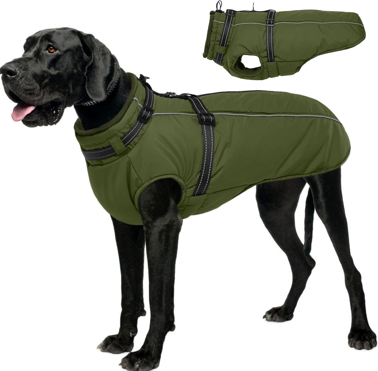Lelepet Dog Coat with Harness Built in, Waterproof Dog Jacket for Large Dogs Reflective Winter Jacket with Zip Warm Cold Weather Coats for Dogs,Turtleneck Snowsuit, Great Dane, Army Green, XXXL XXX-Large Army Green