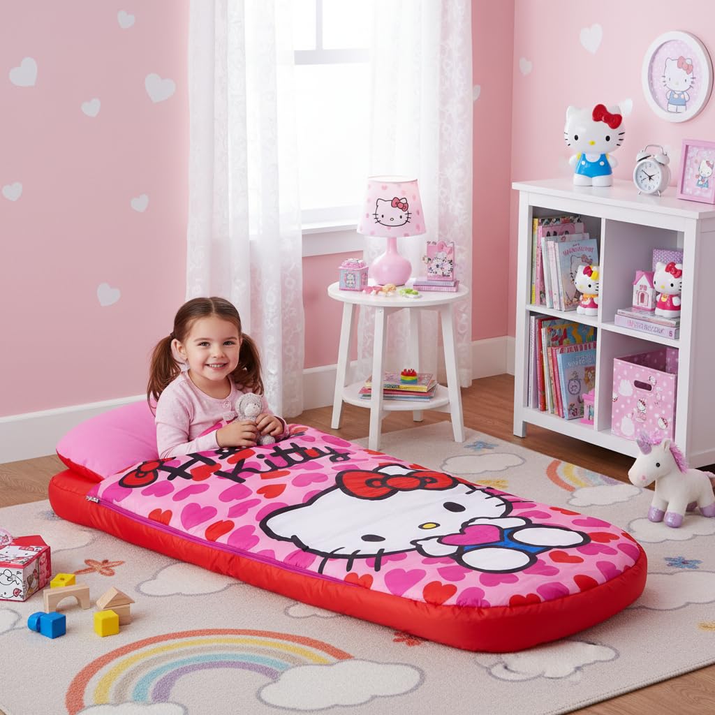 Character World Hello Kitty ReadyBed - Letto gonfiabile per bambini, sacco a pelo con pompa, materasso da viaggio per ragazze, per pigiama party, campeggio o uso domestico