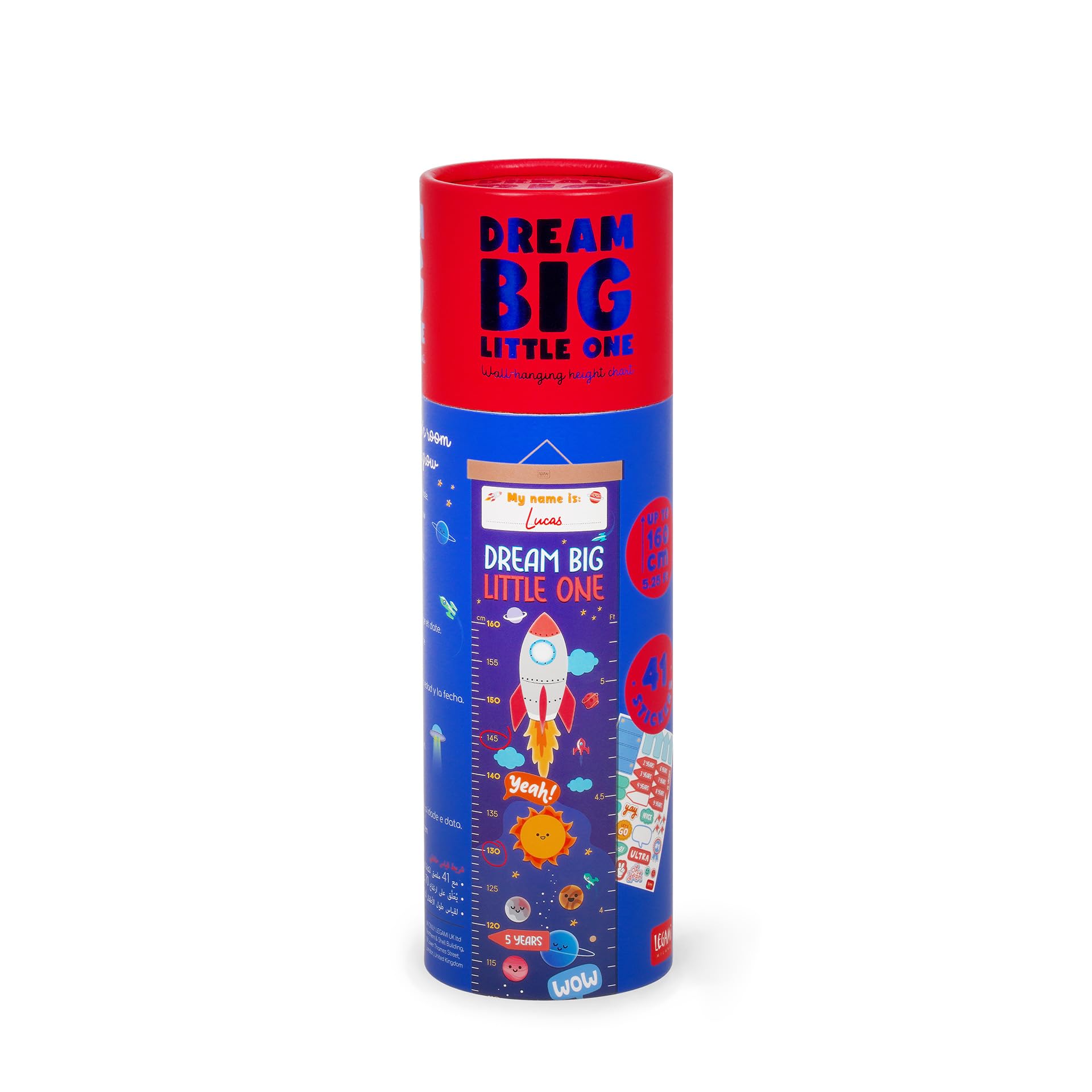 Legami - Mètre mural Dream Big Little One, mètre à suspendre pour mesurer la hauteur des enfants, jusqu'à 160 cm, 41 autocollants inclus, avec lattes en bois, thème espace, Bleu