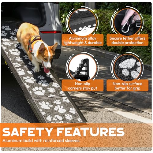 Dog Ramp for Car, Portable Folding Aluminum Pet Ramp with Non-Slip Paw Print Surface. Extra Wide Portable Ramp for Large, Small & Senior Dogs to Get in Cars, SUVs, Trucks & Beds, 71" Long & 17" Wide - Image 5