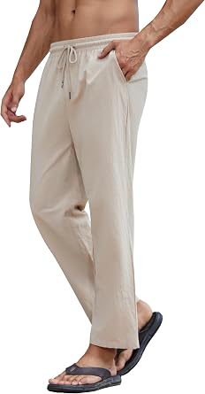 Mens Cotton Linen Loose Pants Casual Drawstring Elastic Waist Beach Trousers