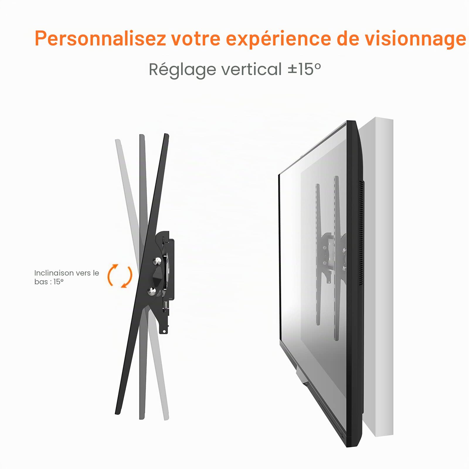 GRIFEMA Support Mural TV 26-65 Pouces - Fixation Murale TV Peut Contenir Jusqu'à 50KG, Accroche Television Mural Inclinable (± 15°) et Étend, Support Vesa 400x400mm Universel pour TV Plat / Incurvé