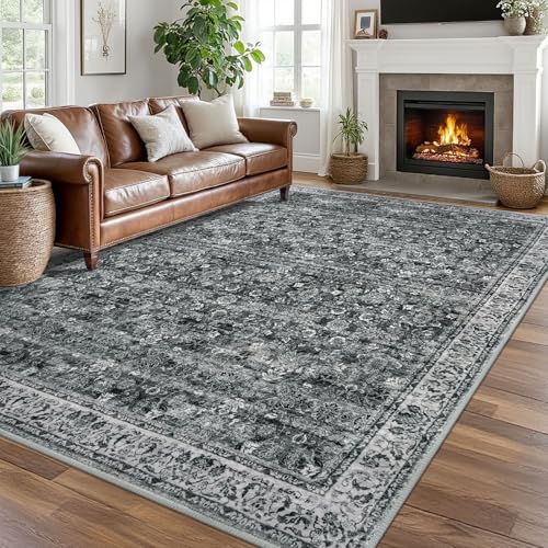 8x10 Area Rug, Vintage Floral Washable Large Moss Charcoal Rug for Living Room Non-Slip Ultra Soft Bedroom Rug Tribal Traditional Farmhouse Carpet for Dining Room Office Home Décor