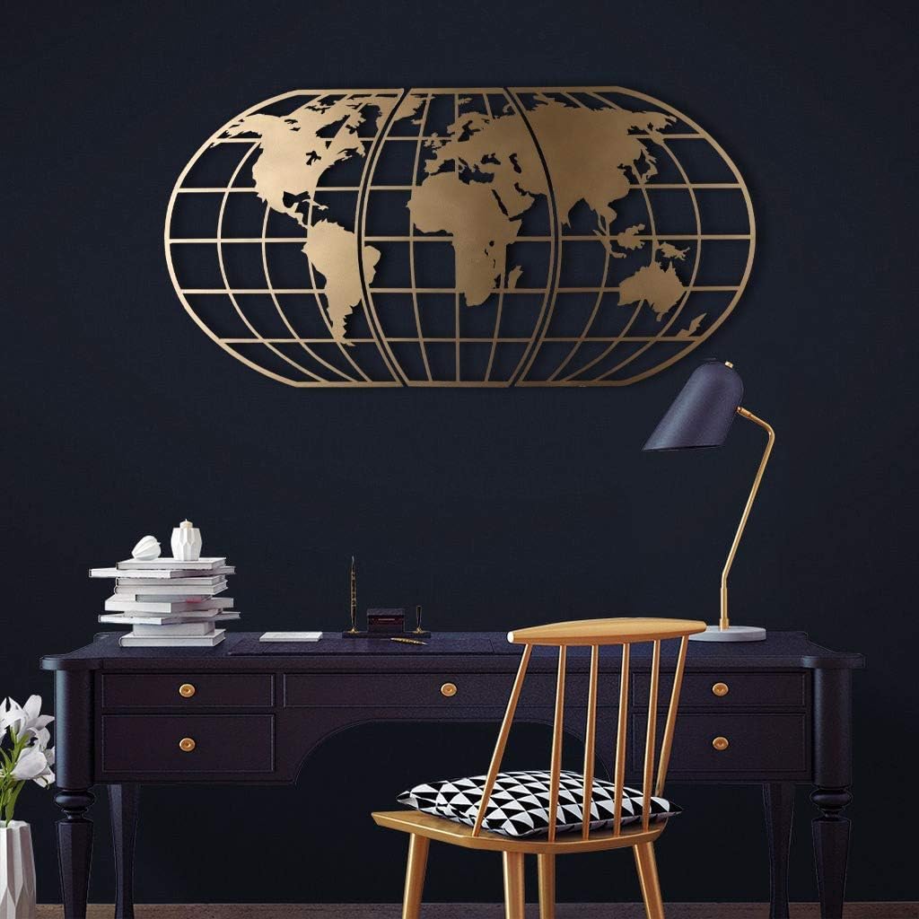 Tubibu Modern Wall Art, 100% Metal - Metalic WORLD MAP GLOBE, Size (23.6" x 47.2") - Wall Hanging for Living Room, Bedroom, Dorm (Gold)