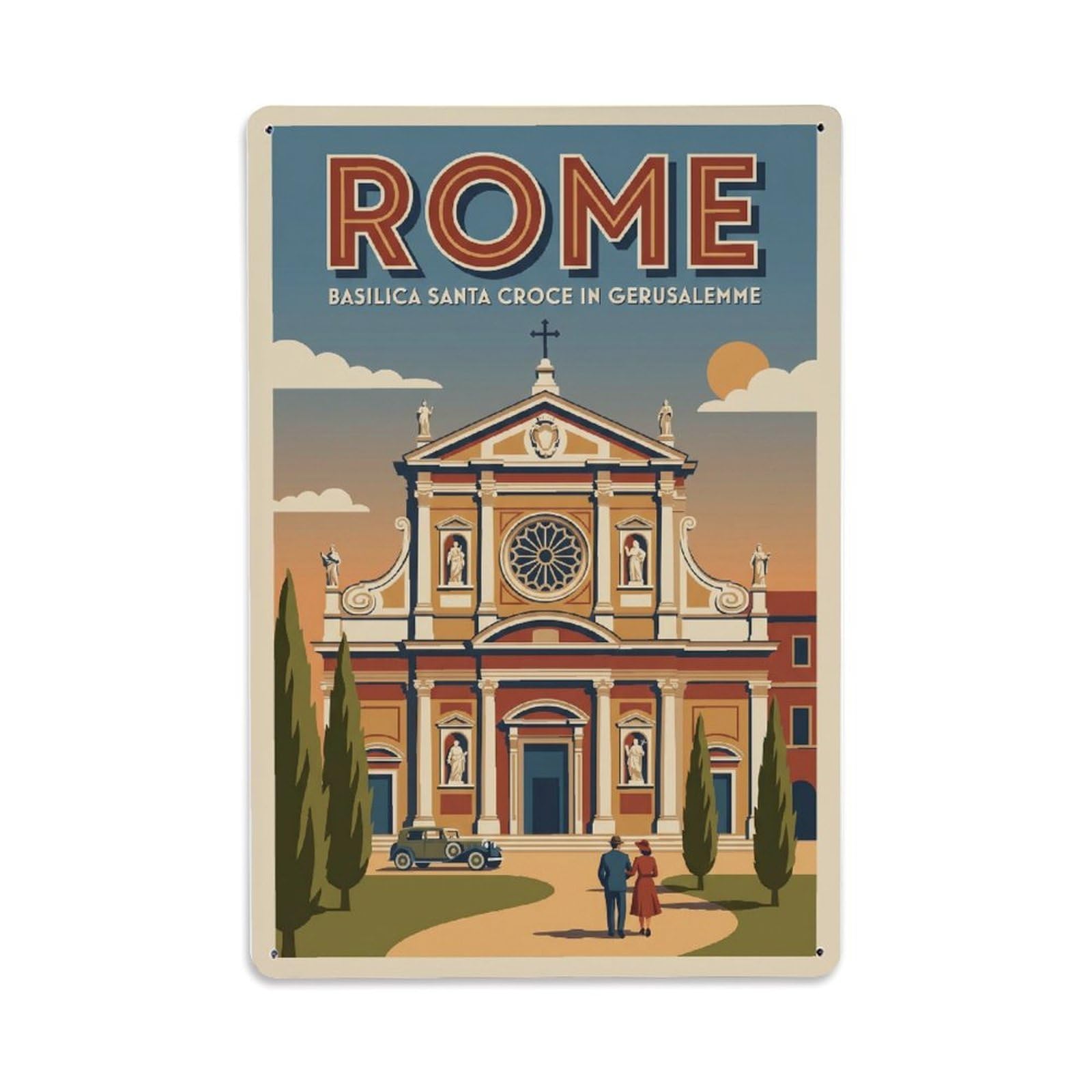 Vintage Travel Rome Basilica Santa Croce Gerusalemme Baroque Facade Italy Metal Tin Sign Plaque Wall Decor for Cafe, Club Bar, Office, Home Garden Metal Poster 8x12Inch