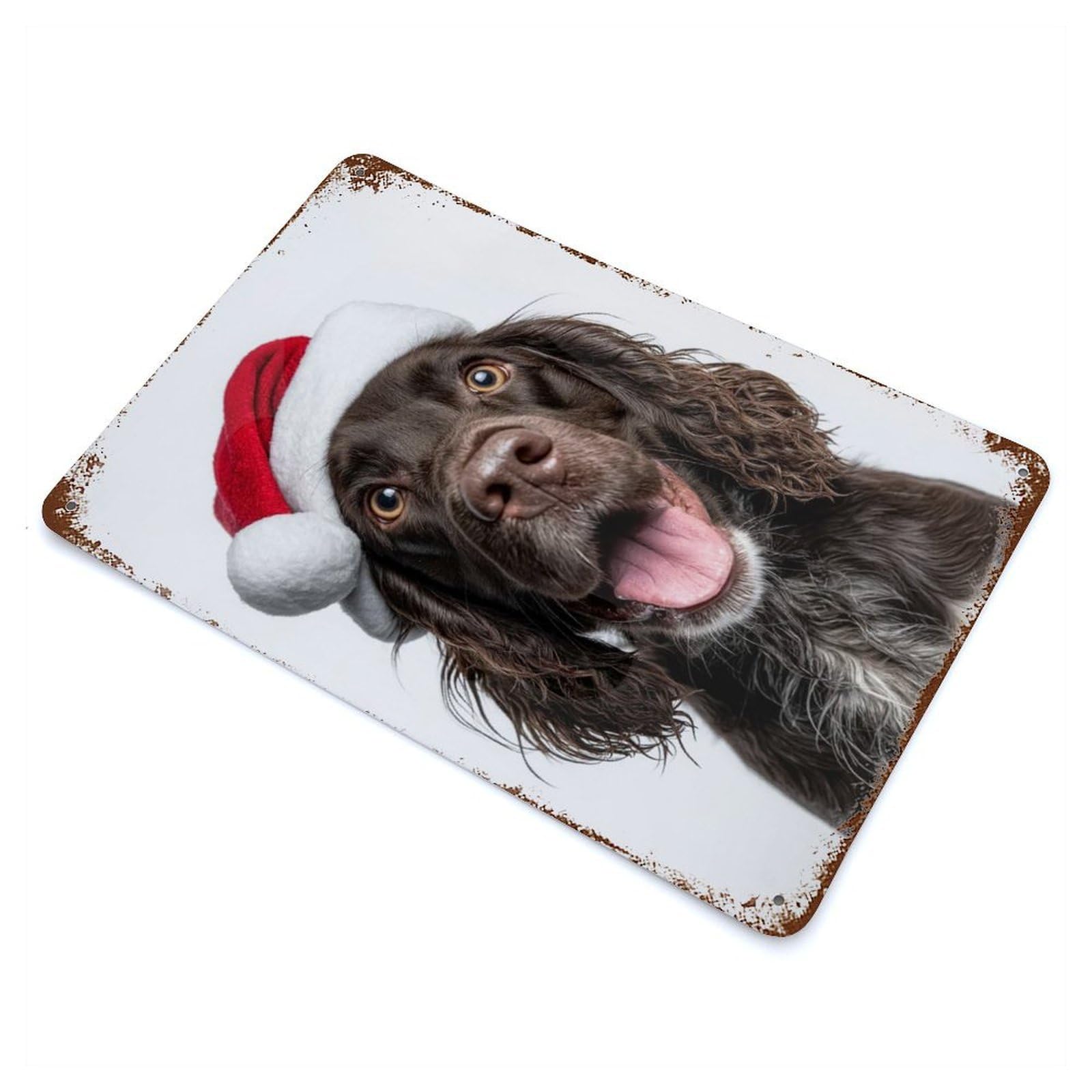 Field Spaniel Dog with Santa Hat Portrait Vintage Wall Sign 11.8"x7.9", Rust Effect Metal Decor for Living Room, Hallway And Home Decor