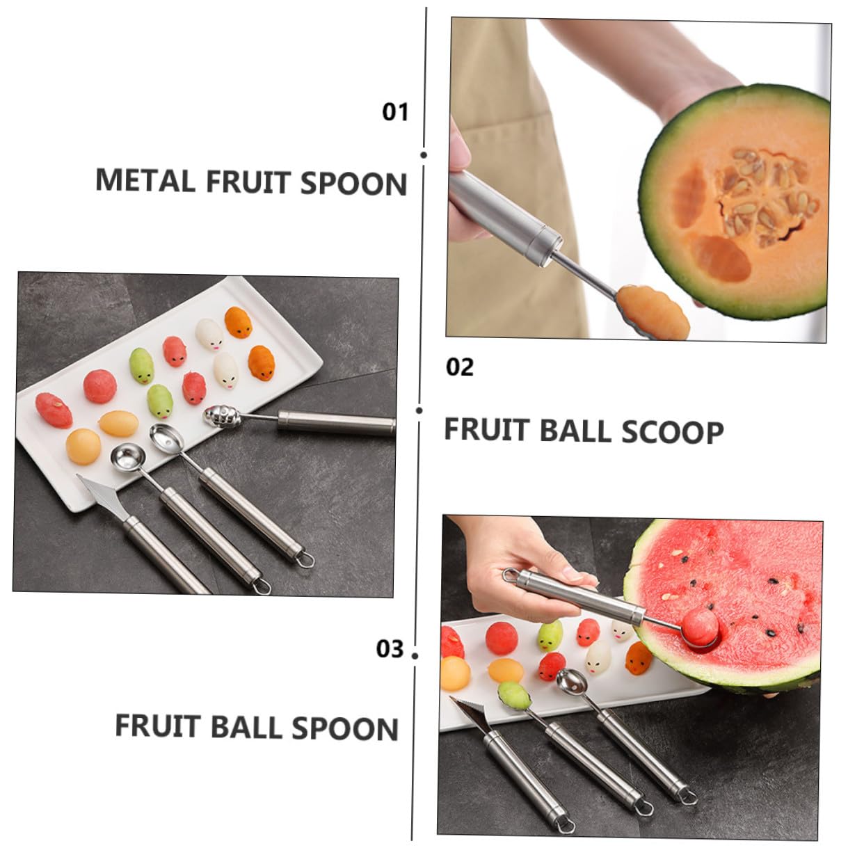 4 Stück Melonenausstecher aus Edelstahl für Früchte | Silberfarbene Ausführung, Leicht zu Bedienen, zum Formen von Melonenkugeln, für Obst und Gemüse
