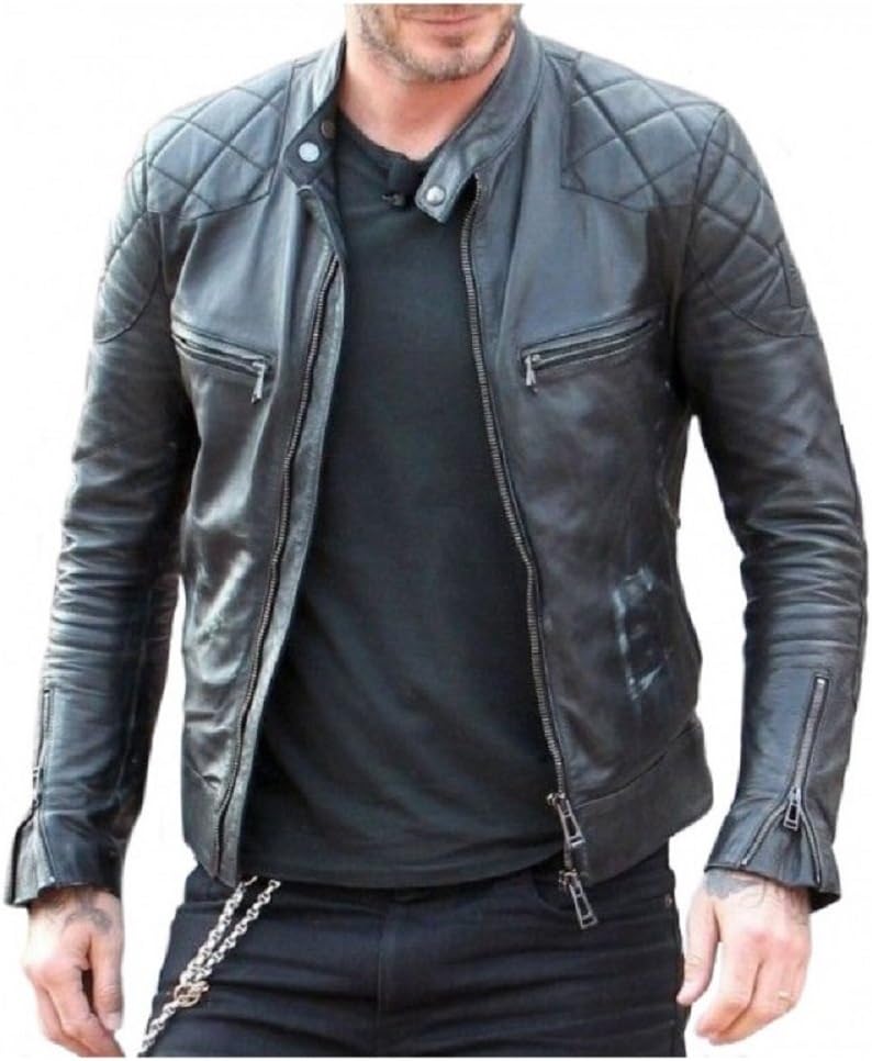 Men's David Beckham Café Racer Biker Motorcycle Quilted Black Leather Jacket