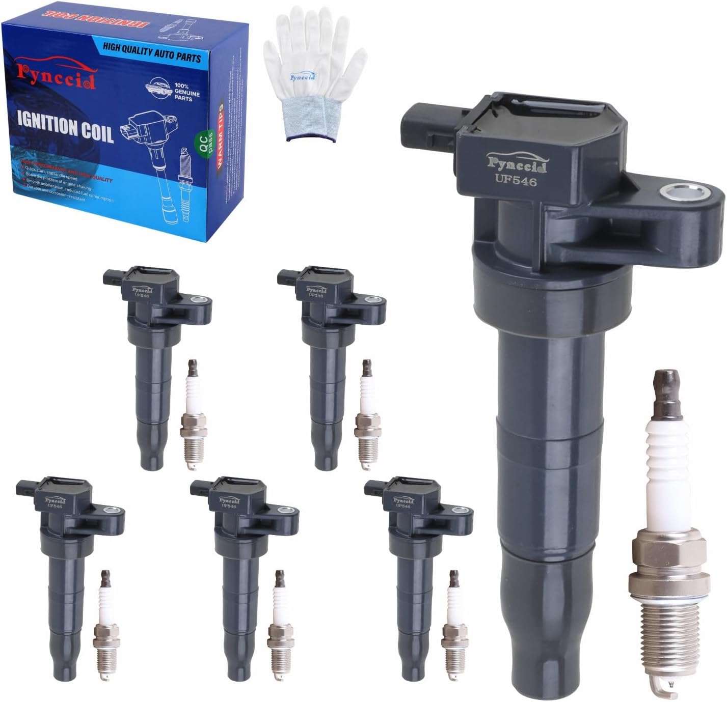 UF546 High-Performance Ignition Coils & Iridium Spark Plugs Set of 6 for Hyundai Azera/Entourage/Santa Fe/Sonata/Veracruz & Kia Amanti/Optima/Sedona/Sorento 3.3L 3.8L V6 - Replaces 27301-3C000