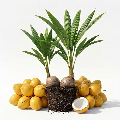 2 Yellow Malayan Coconut Tree, Dwarf Coconut Plant Freshly Sprouted Rare Fruits Tree 6-8 Inch Tall, No Ship CA