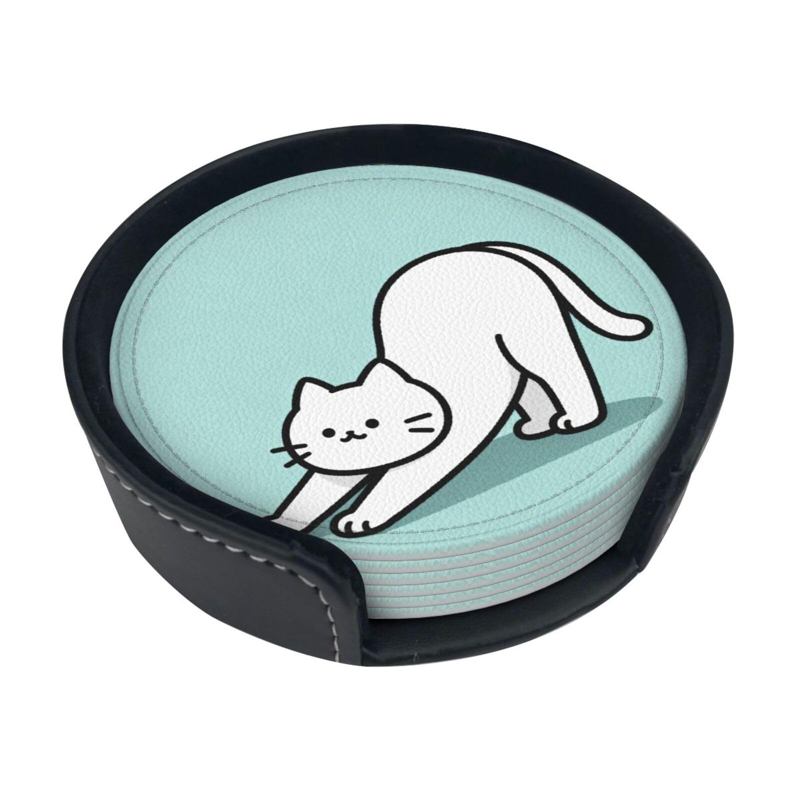 Cartoon cat Leather Coasters-Set of 6 with Storage Holder