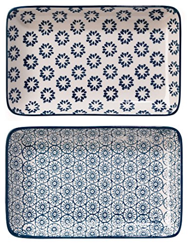Bloomingville Servier-Teller Kristina Retro Dessertteller Frühstücksteller Vintage Kuchenteller rechteckig eckig L 19 x W 12 cm, blau, Keramik, 2er Set