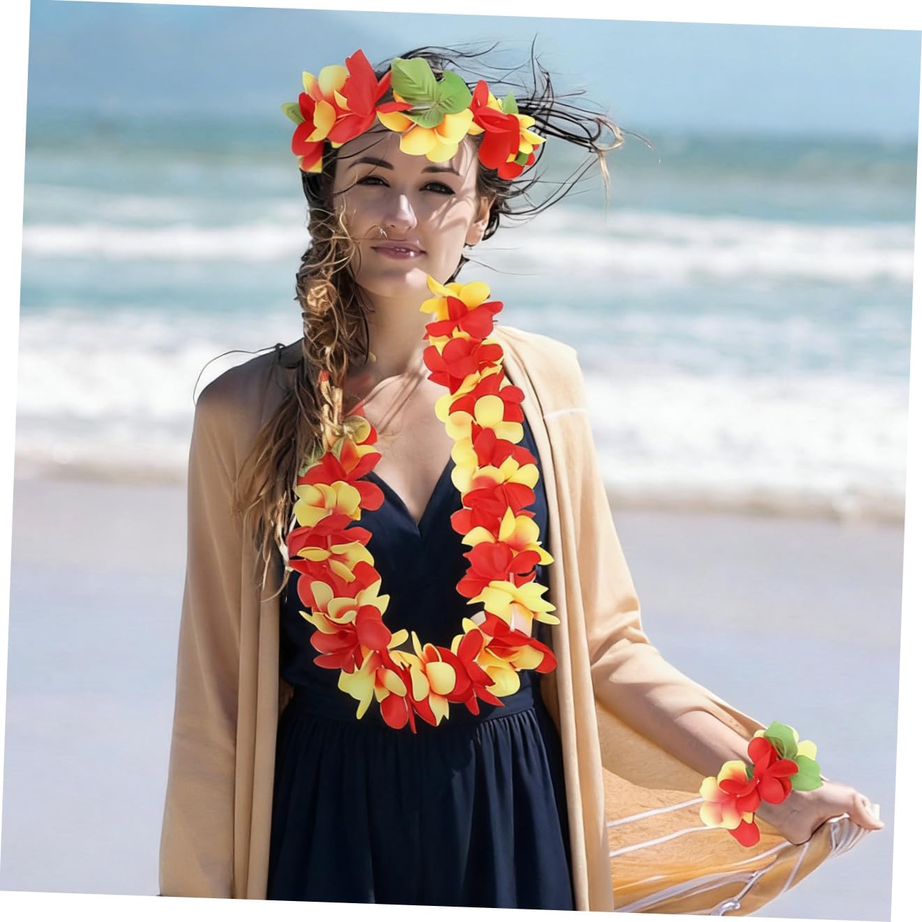 STOBAZA 2juegos Conjunto De Accesorios De Fiesta Hawaiana De Guirnaldas De Flores Diadema Collar y Pulseras Decoración Para Eventos Tropicales Para Cumpleaños y Celebraciones Luau
