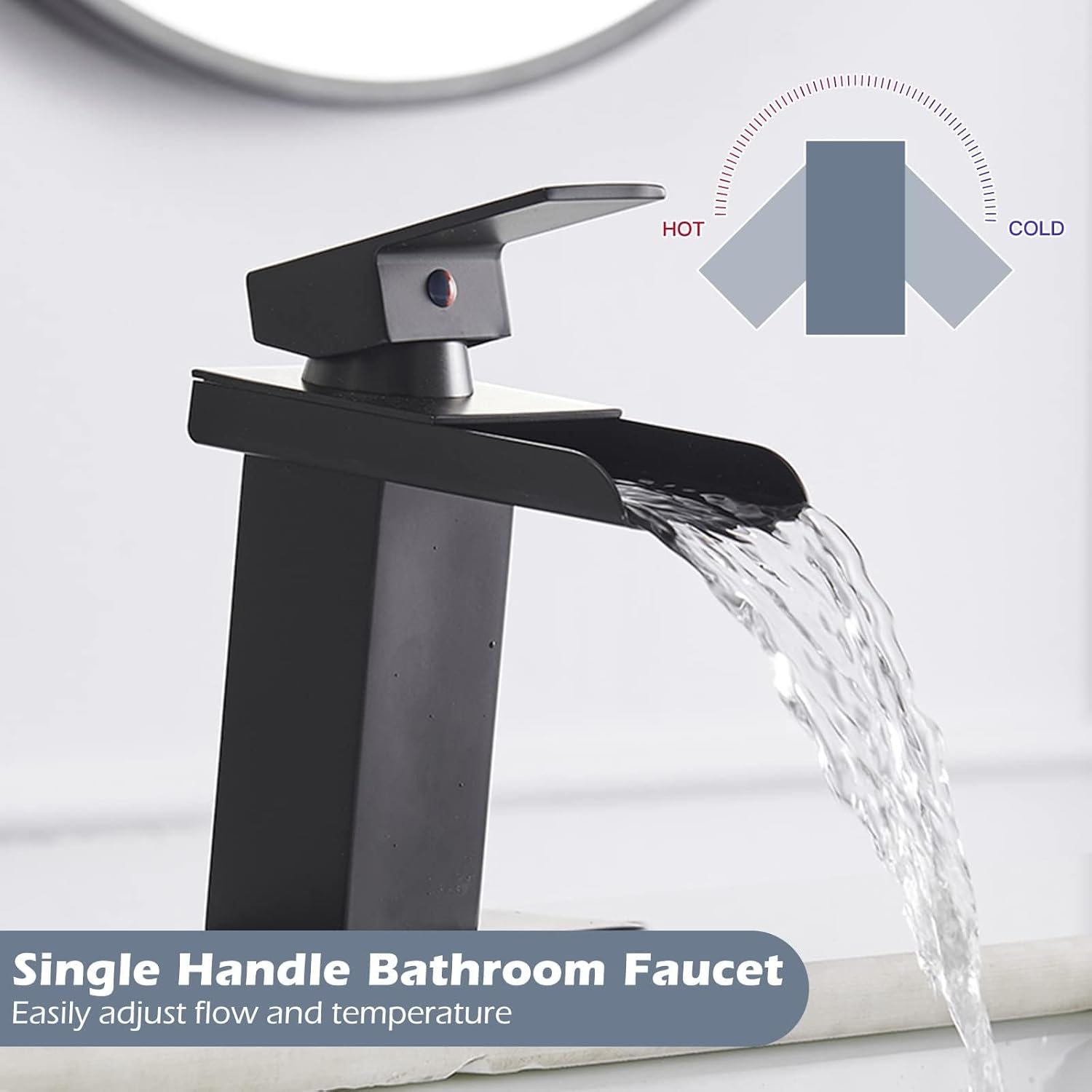 Homevacious Black Bathroom Faucet Waterfall Single Hole Bathroom Faucet with Pop Up Drain Assembly and Deck Plate Modern Single Handle Vanity Faucets Basin Lavatory RV Mixer Tap Commercial