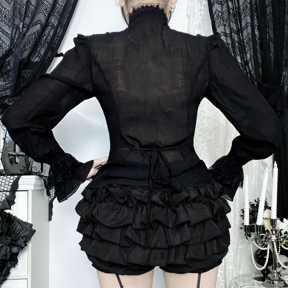 Gothic Black Lace Flared Long Sleeve Top for Women Retro Ruffled Pirate Collar Sheer Blouse Punk Tie Waist Shirt - Image 6
