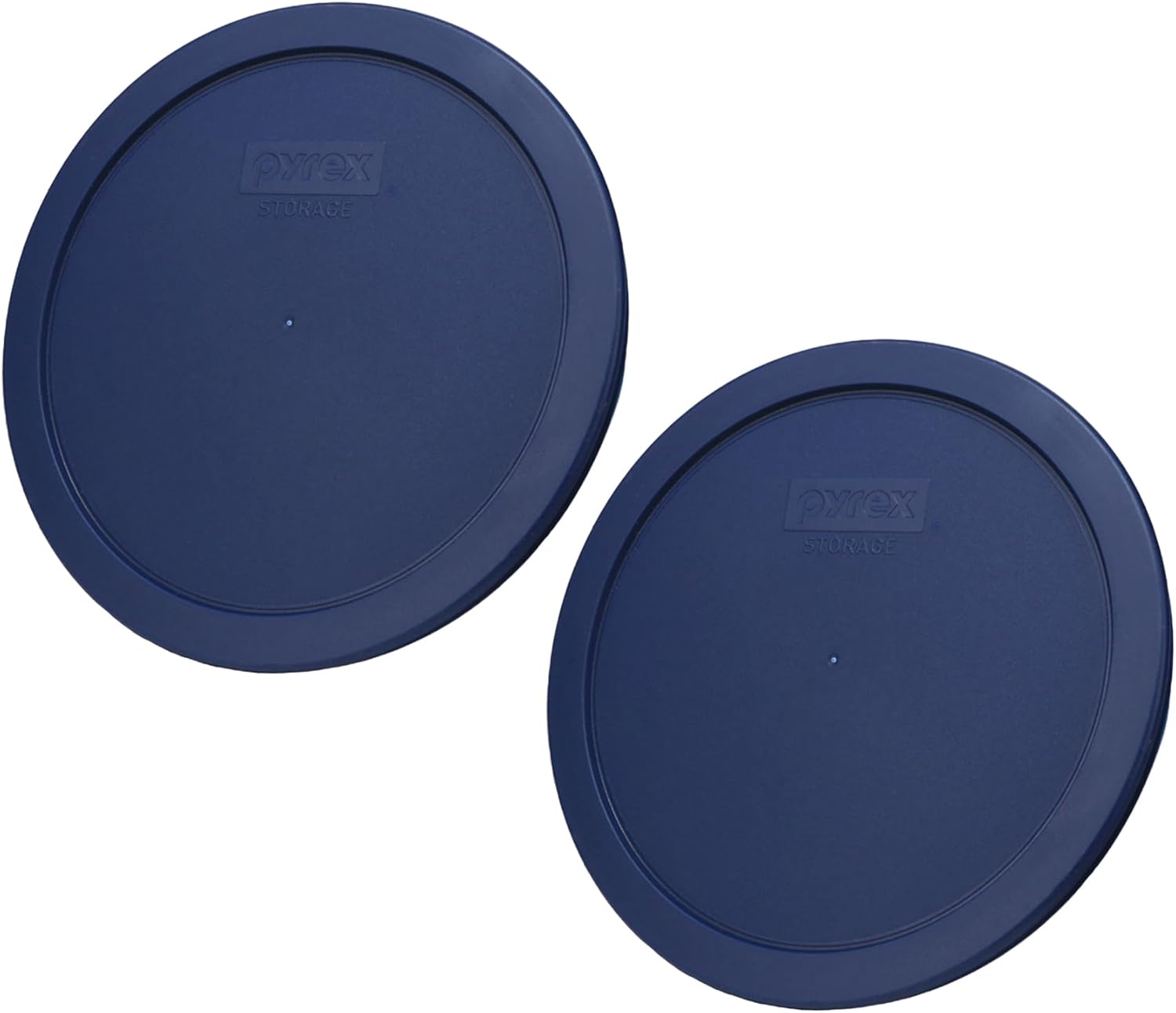 Two Pyrex 7402-PC blue replacement lids, shown from a slightly elevated angle.