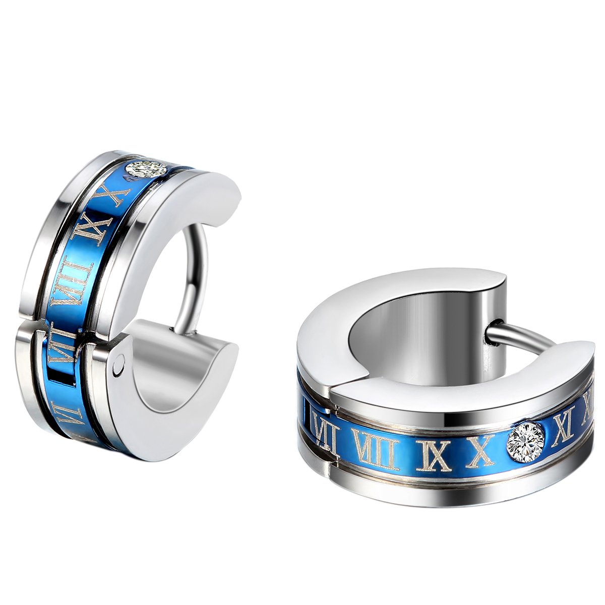 JewelryWe Pendientes de Hombre, Negros Números Romanos Acero Inoxidable Pendientes de Aros Unisex para Hombre Mujer, Pendientes Azul Negro Dorado,Regalo Navidad Rgealo Cumpleaño