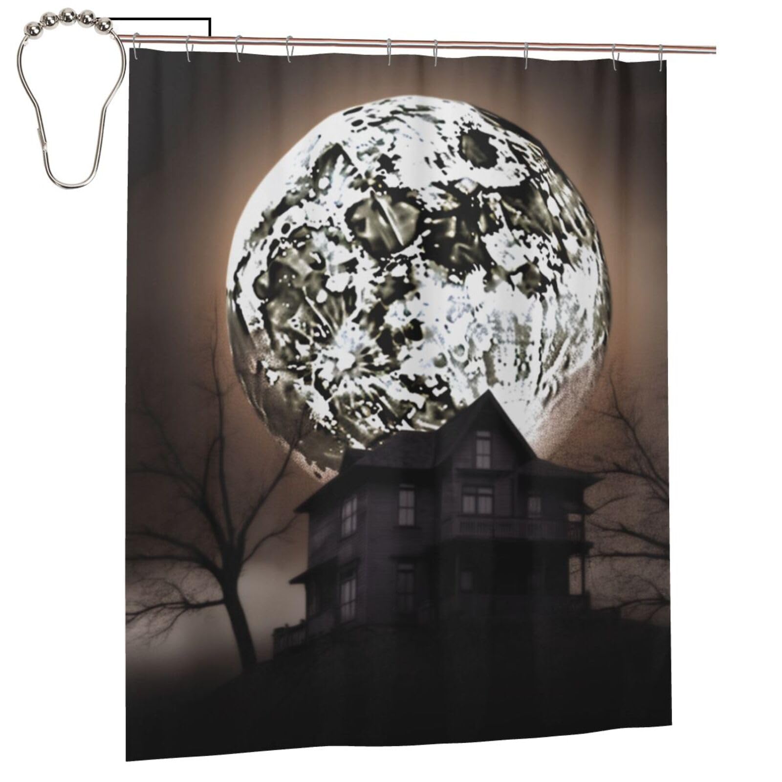 BWWHCCTI Halloween Moon Printed Shower Curtain With 12 Iron Hooks Opaque Quick Drying Waterproof Shower Curtains Sets For Bathroom 152x183 Cm