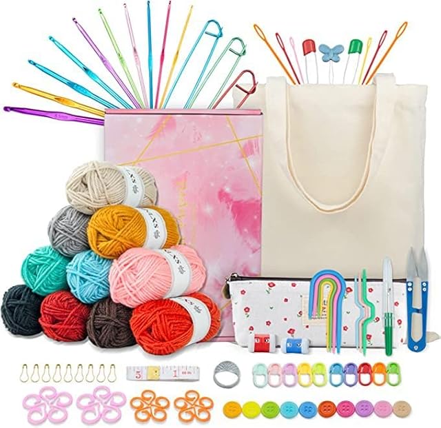 Aedcbaide 96 Pcs Crochet Kits with Crochet Wool, Ergonomic Metal Crochet Hook Knitting Accessories 2mm - 6.5mm with Storage Bag, Crochet Kits Needles Set for Beginners Adults Starter
