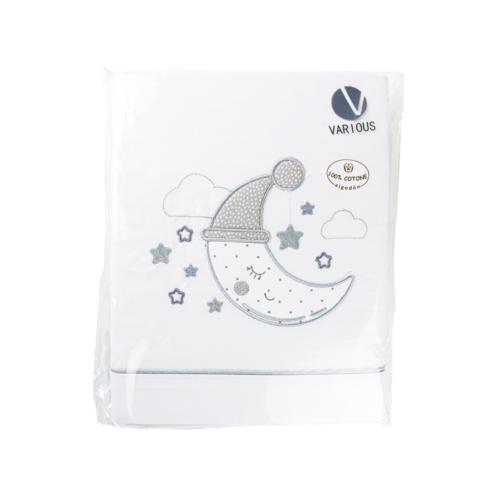 various Set Lenzuola Lettino Neonato 60x120 cm, 100% Cotone Extra Morbido, Include Lenzuolo con Angoli, Lenzuolo Sopra e Federa, Biancheria Letto Bambino Traspirante luna colore BCO/Grigio
