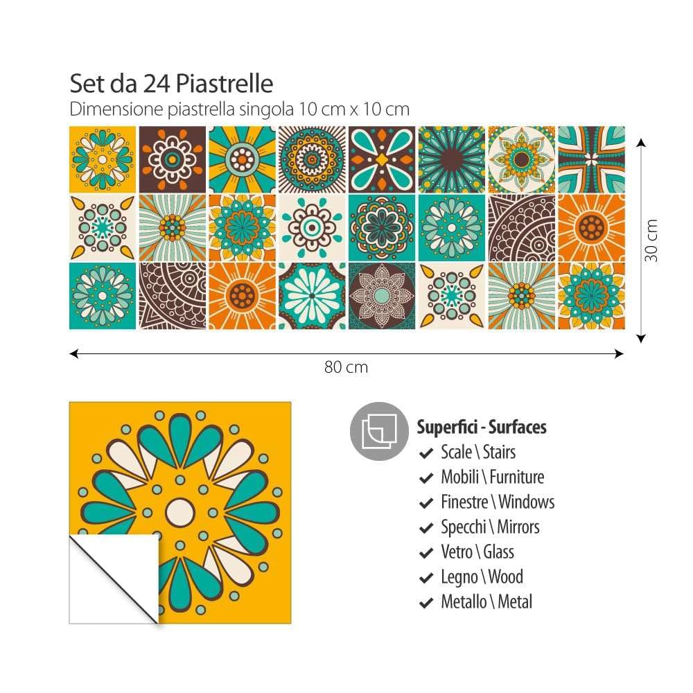 RE-COVERTILES - Adesivi per Piastrelle Bagno e Cucina 24 Pz 10x10 cm - PS00181 Decorazione murale in PVC impermeabile mattonelle mosaico stile cementine Azulejos