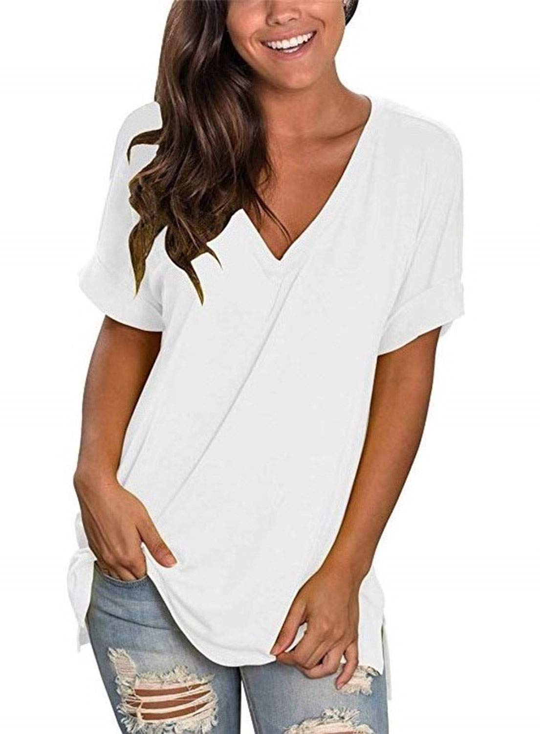 heekpek Blusas de Moda Verano Mujer Blusas y Camisas de Mujer Ropa Mujer Verano Tops Mujer Camisas OversizedColor Sólido V Neck Camisa Manga Corta Plus Size